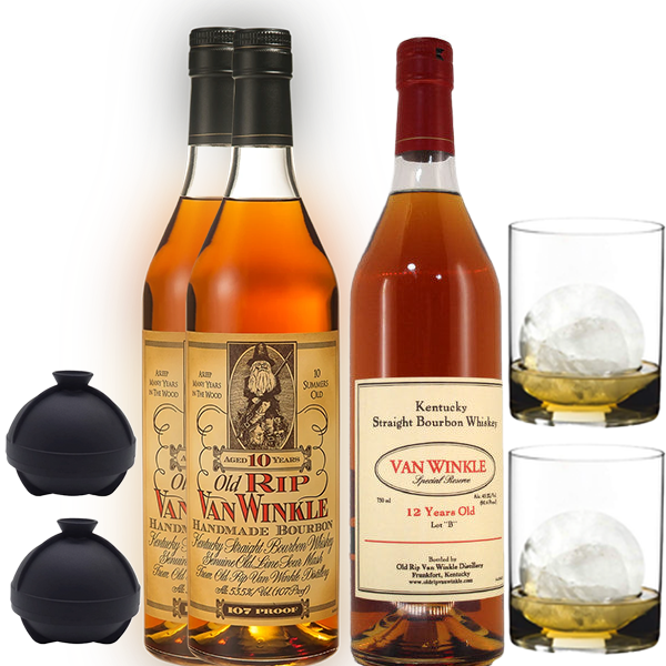 Two Pappy Van Winkle’s 10, one 12 Year Old Package, two whiskey tumblers, and two ice molds - Liquor Bar Delivery