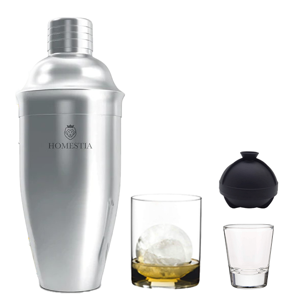 Clear Shot Glass, Clear Whisky Tumbler, Stainless Steel Cocktail Shaker, Sphere Ice Ball Mold - Liquor Bar Delivery
