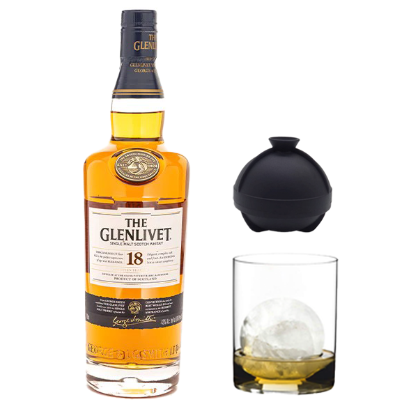 Glenlivet 18 Year Scotch, Clear Whisky Tumbler, Sphere Ice Ball Mold - Liquor Bar Delivery