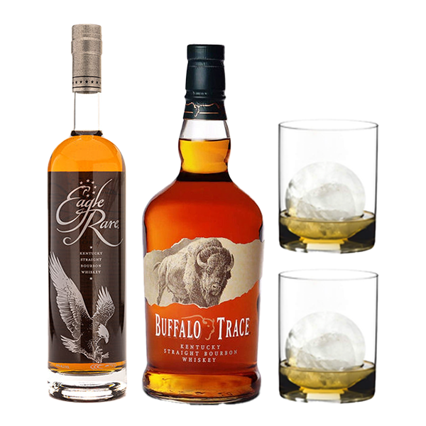 One Eagle Rare, one Buffalo Trace, and two Whiskey Tumblers - Liquor Bar Delivery
