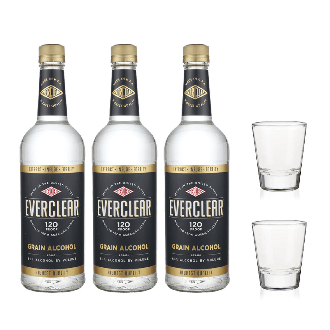 3 Everclear Grain Alcohol 120 Proof and 2 Clear Shot Glass - Package - Liquor Bar Delivery