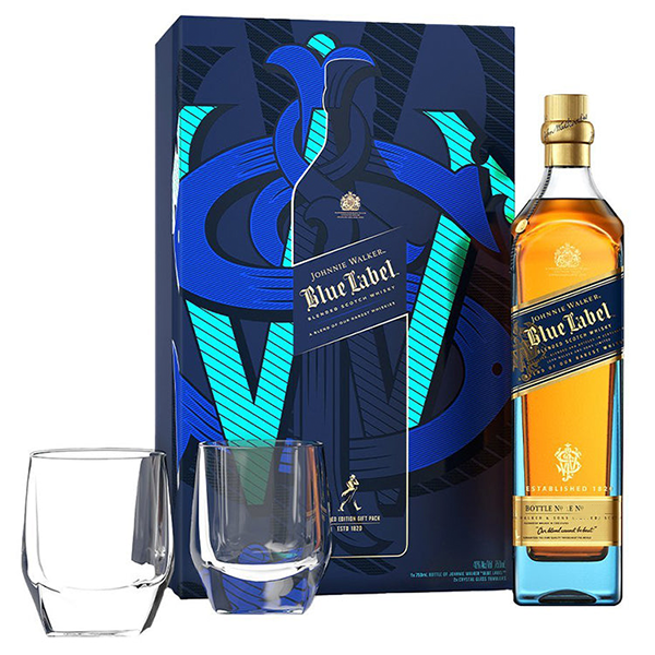 Johnnie Walker Blue Label Blended Scotch Whisky With Two Crystal Glasses - Liquor Bar Delivery
